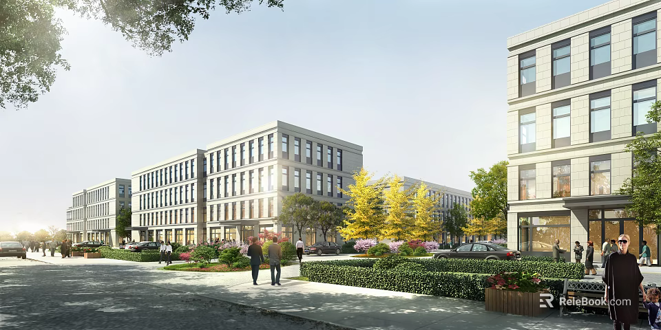 Modern Industrial Park With Office Buildings Green Spaces 3d model 