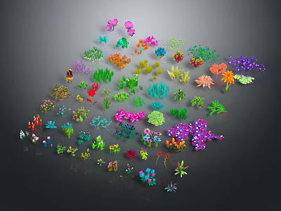 Cartoon Scene Featuring Colorful Various Shaped Plants Scattered on Dark Background 3d model