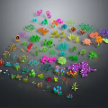 Cartoon Scene Featuring Colorful Various Shaped Plants Scattered on Dark Background