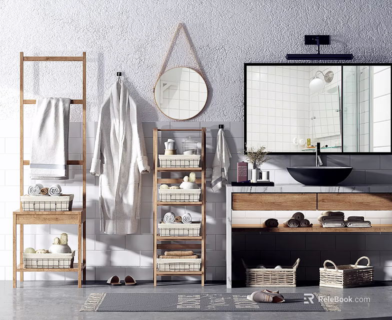 Bathroom Washstand With Black Sink Wooden Shelf Round Mirror And Woven Baskets 3d model 