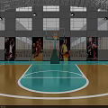 Indoor Basketball Court With Green Purple Walls Multiple Hoops Wooden Benches And Banners