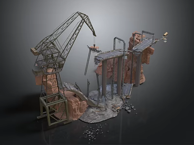 Construction Scene With Crane Rock Formation Bridge Structure Metal Frames And Debris 3d model