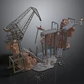 Construction Scene With Crane Rock Formation Bridge Structure Metal Frames And Debris