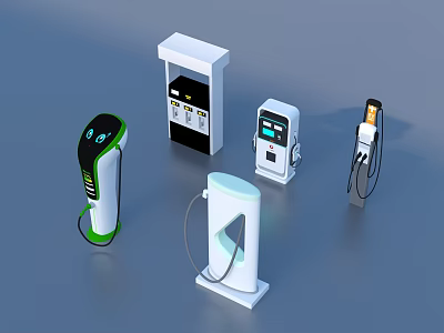 Different Types Of Modern Electric Vehicle Charging Stations With Various Designs 3d model