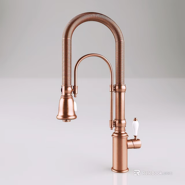 Stylish Copper Kitchen Faucet With Curved Spout And White Handle Design 3d model 