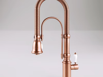 Stylish Copper Kitchen Faucet With Curved Spout And White Handle Design 3d model