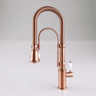 Stylish Copper Kitchen Faucet With Curved Spout And White Handle Design 3d model