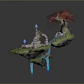 Whimsical Garden Ornament Design With Red Maple Tree Stone Fountain Blue Stream And Arched Bridge