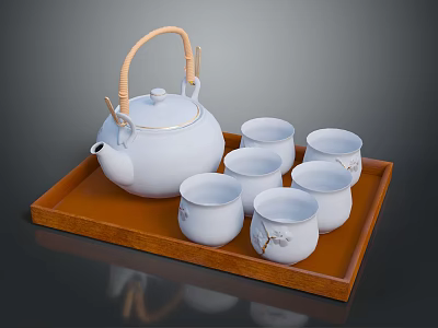 White Ceramic Tea Set with Bamboo Handle and Six Cups on Wooden Tray 3d model