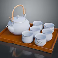 White Ceramic Tea Set with Bamboo Handle and Six Cups on Wooden Tray