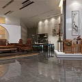 Chinese Traditional Interior With Wooden Furniture Round Arch Wall Paintings And Marble Floor