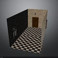 Vintage Room Interior With Brick Walls Wooden Door Arched Window And Checkered Floor