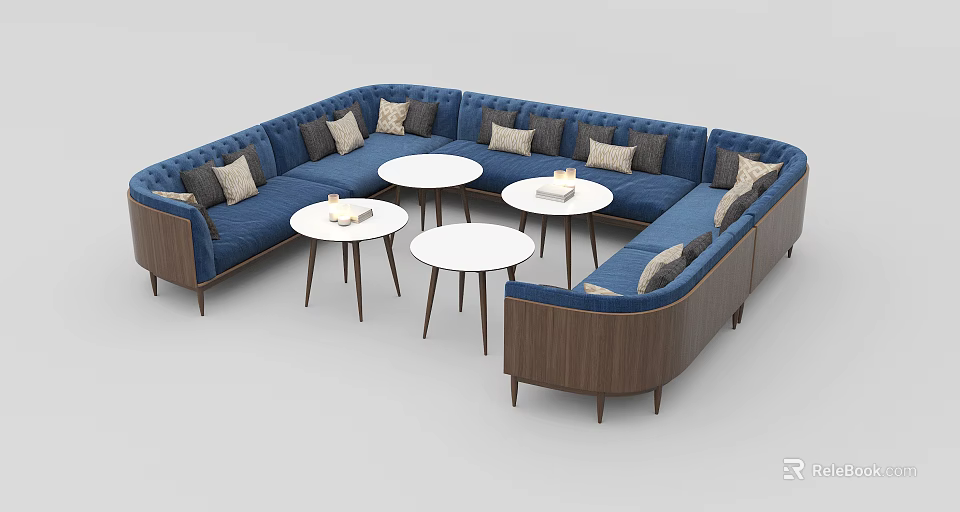 Blue Sectional Multi Person Sofa with Multiple Cushions and Round White Tables 3d model