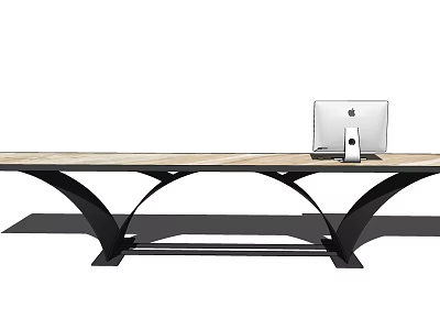 Modern Reception Desk With Wooden Countertop And Black Metal Arc Frame Featuring Computer Monitor 3d model
