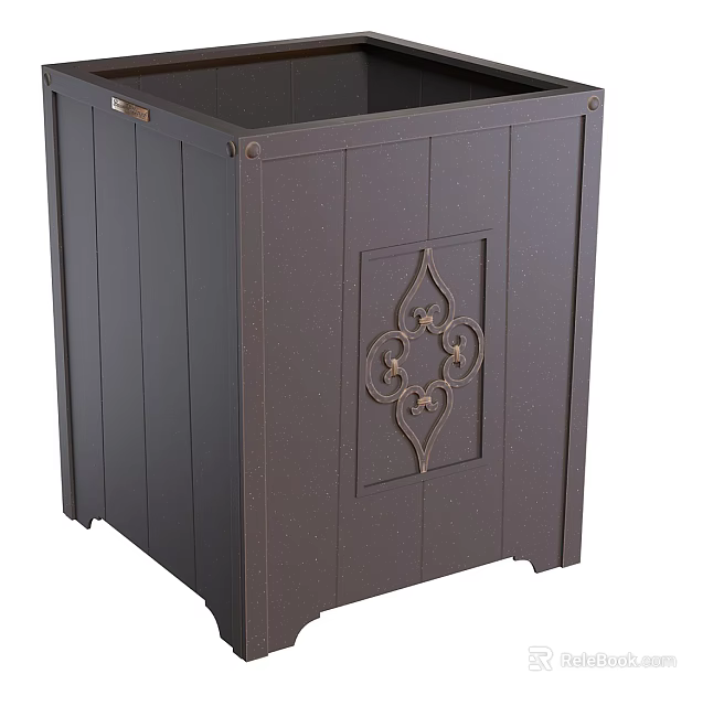 Dark Brown Wooden Garden Planter With Vertical Slats And Ornate Metal Design 3d model 