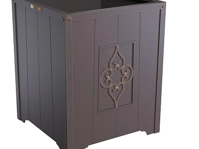 Dark Brown Wooden Garden Planter With Vertical Slats And Ornate Metal Design 3d model