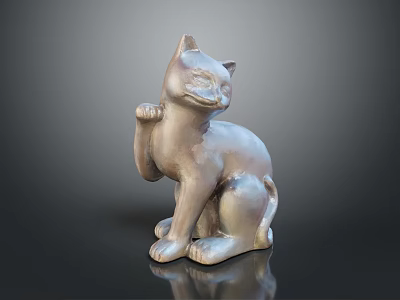 3D Rendered Metallic Cat Sculpture Sitting With Raised Front Paw And Dark Background Reflection 3d model