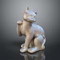 3D Rendered Metallic Cat Sculpture Sitting With Raised Front Paw And Dark Background Reflection