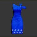 Blue One Shoulder Dress With Bow Accent And White Floral Hem Design