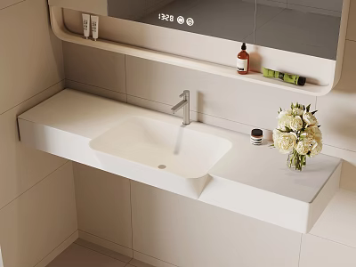 Modern Minimalist White Bathroom Sink Countertop With White Flower Bouquet And Toiletries 3d model