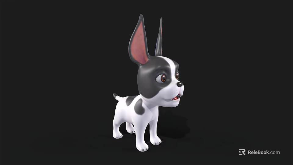 Cute Black And White Cartoon Dog With Big Pink Ears Standing On Black Background 3d model 