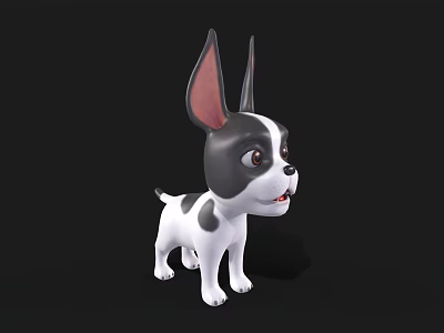 Cute Black And White Cartoon Dog With Big Pink Ears Standing On Black Background 3d model