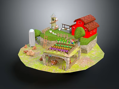 Cartoon Scene with Red House Tower Fence Garden Sheep and Green Plants 3d model