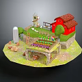 Cartoon Scene with Red House Tower Fence Garden Sheep and Green Plants