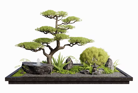 New Chinese Courtyard Sketches Fountain Stone Flowing Water Stone Water Pot Waterscape Indoor Landscape Plants Landscaping Pine Trees Shrub Plants Combination Flowers Grass Bryophytes Heap 3d model