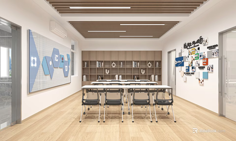 Modern Meeting Room Interior With Long Table Chairs Wooden Ceiling And Brainstorming Notes 3d model 