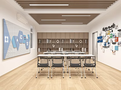Modern Meeting Room Interior With Long Table Chairs Wooden Ceiling And Brainstorming Notes 3d model