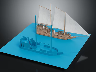 Wooden Model Sailing Ship With White Sails And Blue Steamship On Blue Platform 3d model