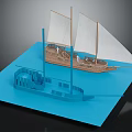 Wooden Model Sailing Ship With White Sails And Blue Steamship On Blue Platform