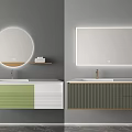 Modern Bathroom Vanity Design With Lighted Round Rectangular Mirrors Green White Cabinets 3d model