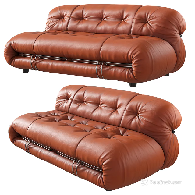 Modern Brown Leather Multi Seater Sofa With Tufted Design And Stitched Details 3d model 