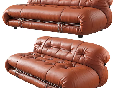Modern Brown Leather Multi Seater Sofa With Tufted Design And Stitched Details 3d model