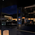 Modern Terrace Bar With Fire Pit Large Screen Comfortable Seating and Nighttime Ambiance