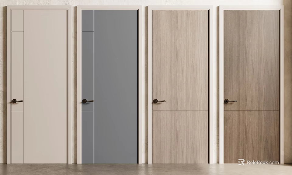 Modern Hinged Doors In Gray Beige And Wooden Finishes With Metal Handles 3d model 