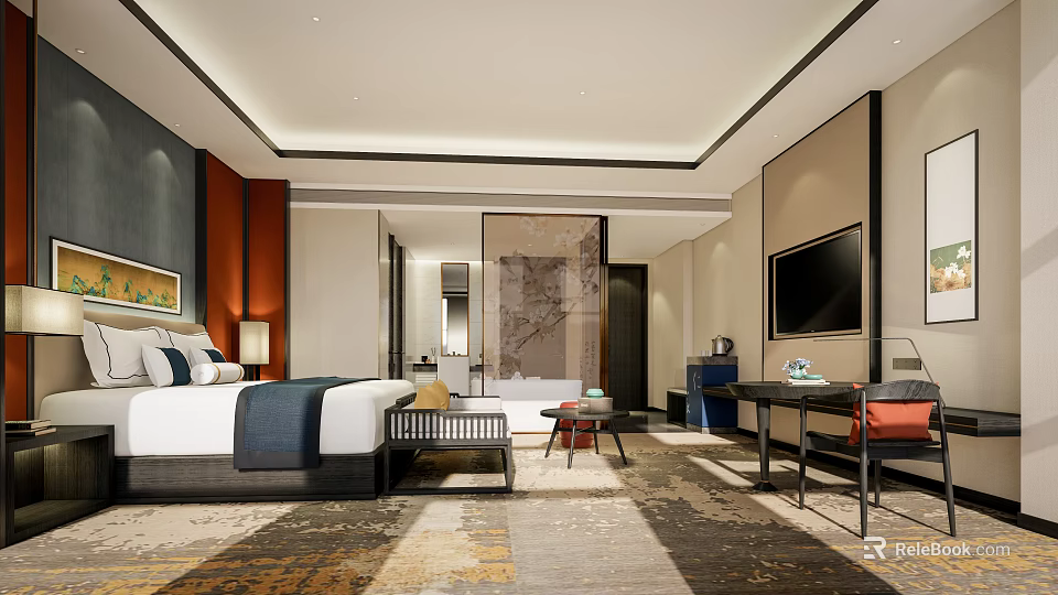 Modern Hotel Room Interior Featuring Comfortable Bed Flat Screen TV Decorative Carpet And Partition 3d model 