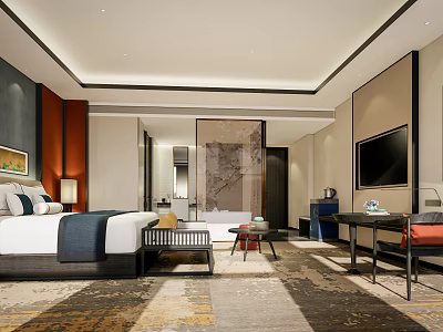Modern Hotel Room Interior Featuring Comfortable Bed Flat Screen TV Decorative Carpet And Partition 3d model