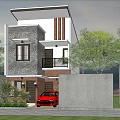Modern Detached Villa with Two Story Garage Red Car Trees Blue Sky and Green Lawn