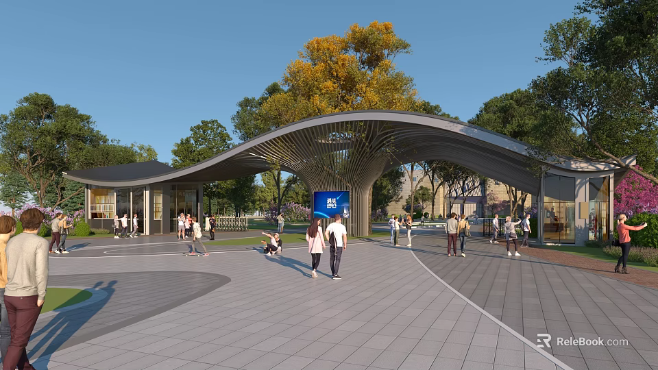 Park Landscape With Modern Curved Wooden Canopy Surrounding Trees Paved Plaza And People Activities 3d model 