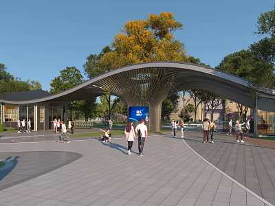 Park Landscape With Modern Curved Wooden Canopy Surrounding Trees Paved Plaza And People Activities 3d model