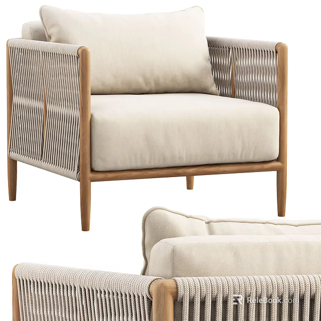 Beige Single Sofa with Wooden Frame Woven Rattan Accents and Soft Cushioned Seat 3d model 