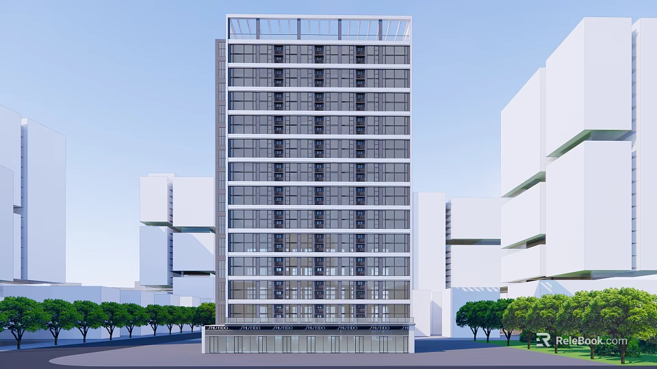 Modern High Rise Building With Glass Curtain Wall And Surrounding Trees 3d model 