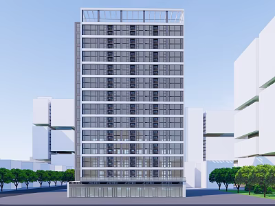 Modern High Rise Building With Glass Curtain Wall And Surrounding Trees 3d model