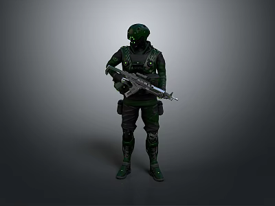 Man In Green And Black Tactical Gear Holding Rifle Against Neutral Gray Background 3d model