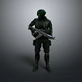 Man In Green And Black Tactical Gear Holding Rifle Against Neutral Gray Background