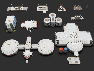 Futuristic Sci Fi Building Modules With Circular Rectangular And Modular Structures 3d model