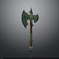 Green Ornate Axe With Intricate Design Brown Handle And Silver Base Fantasy Weapon